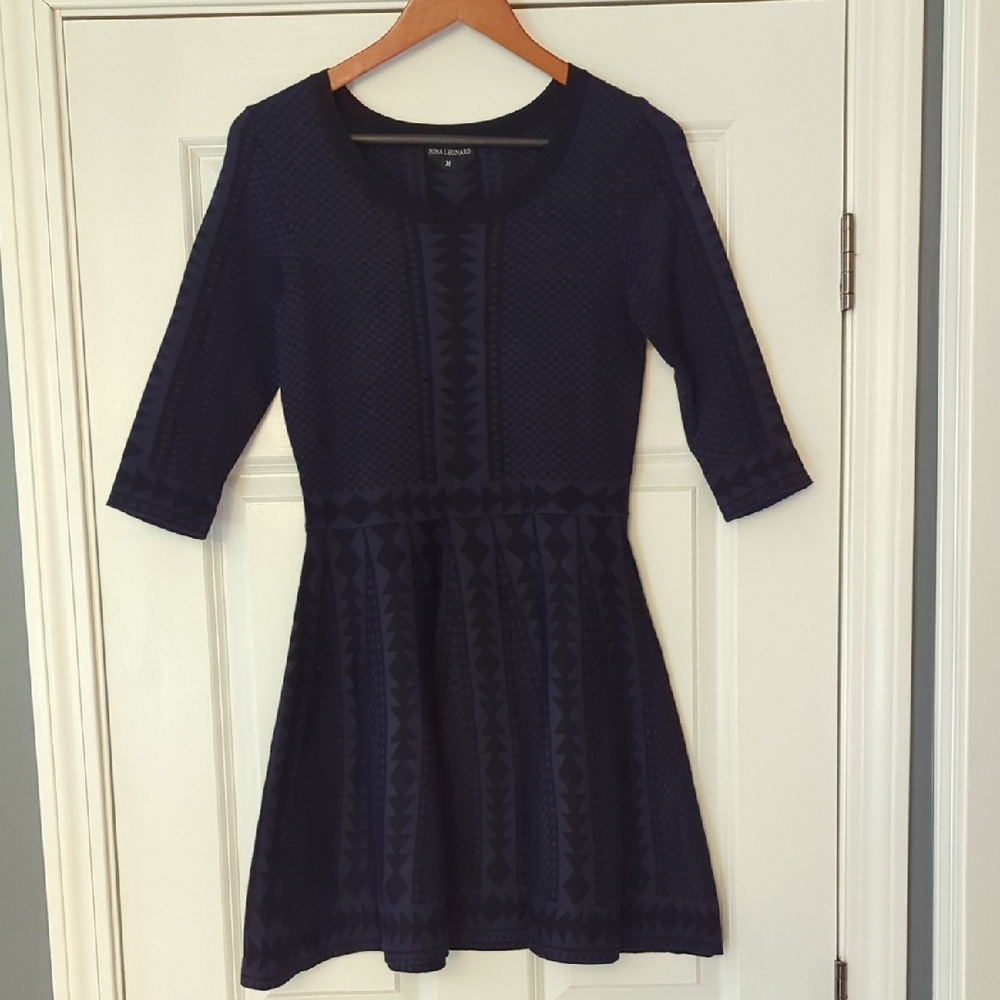 Nina Leonard Knit Long Sleeve Flare Dress - Navy And Black Pattern